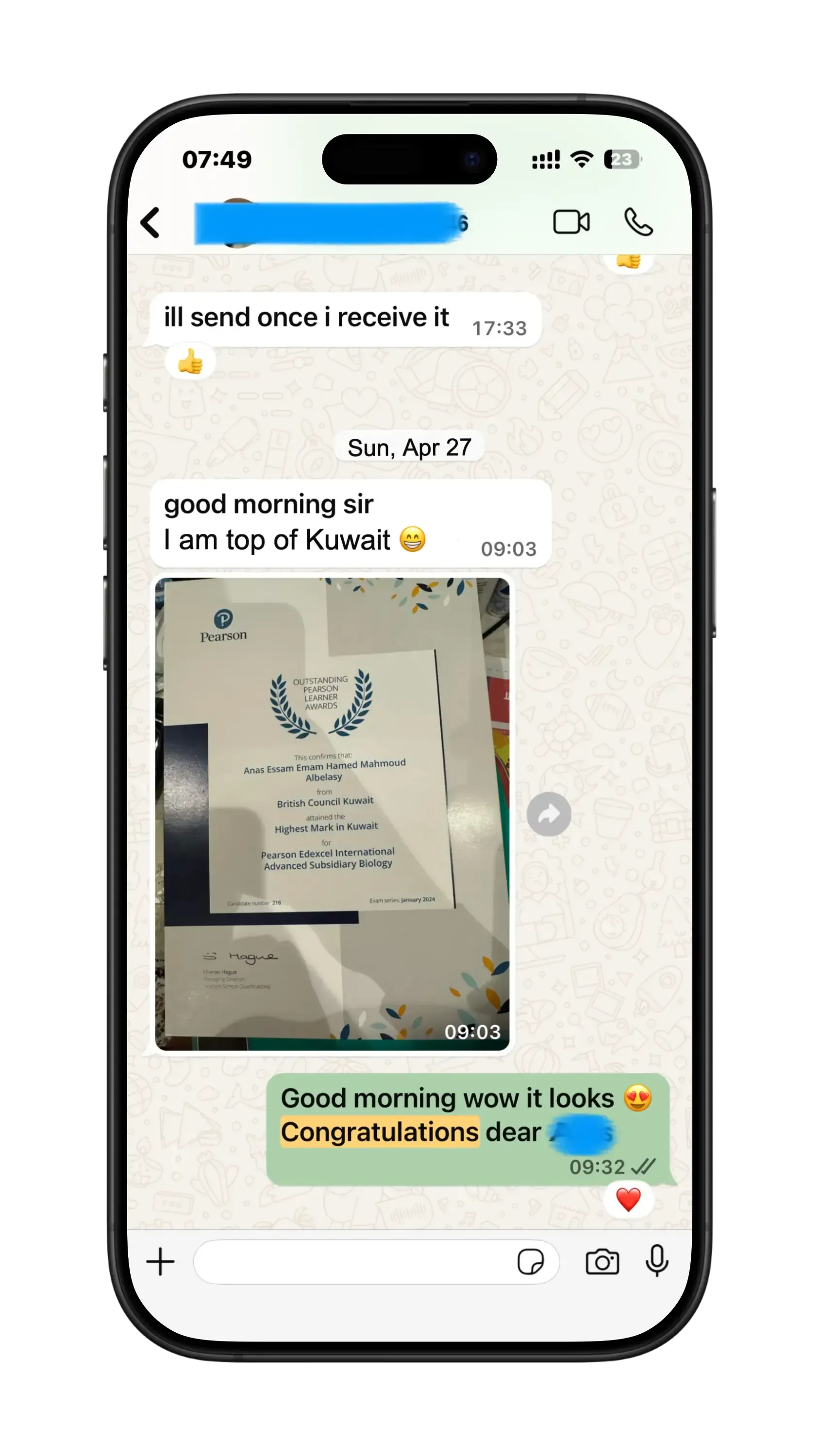 WhatsApp message from a Chem-Bio student