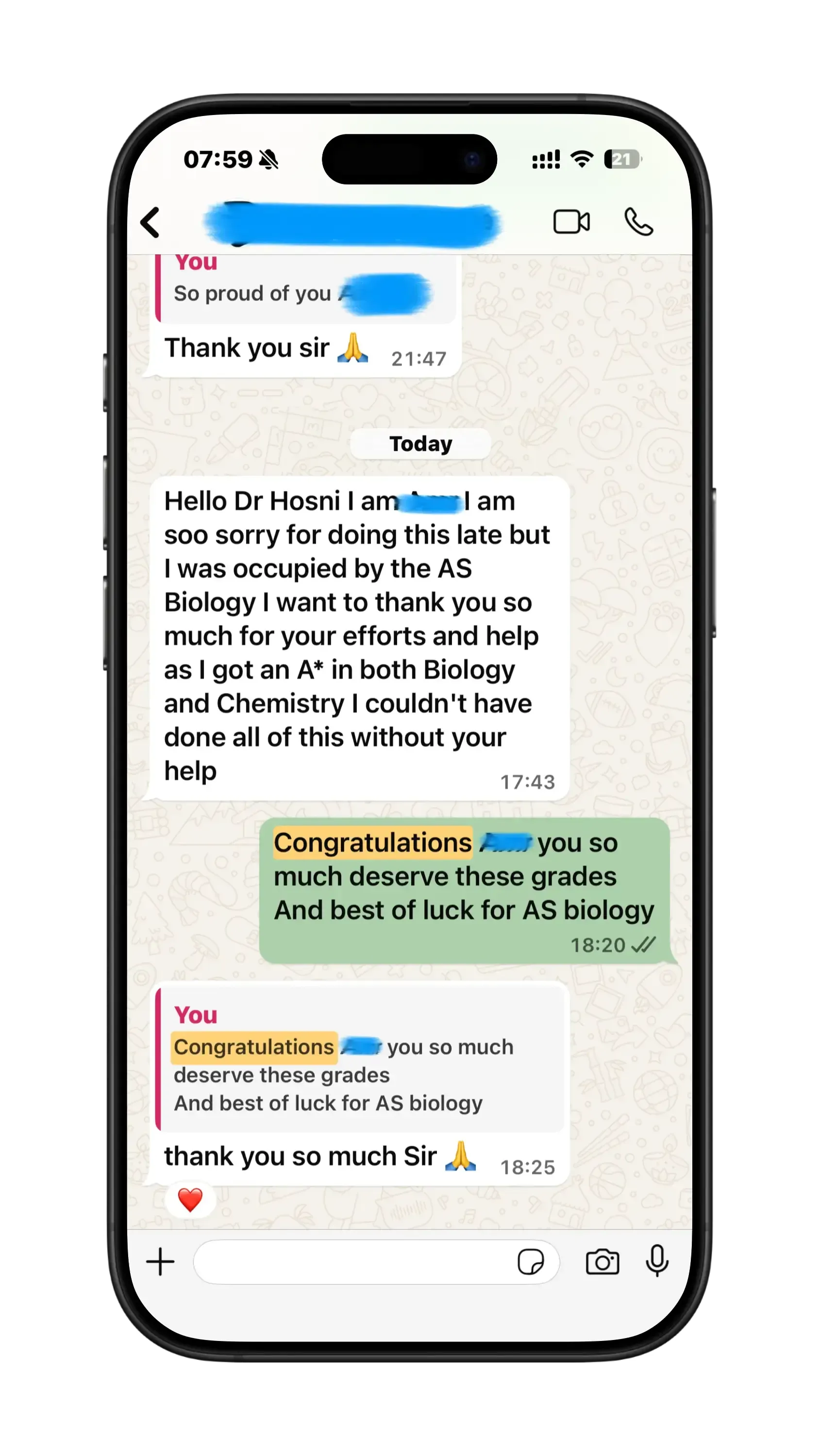 WhatsApp message from a Chem-Bio student