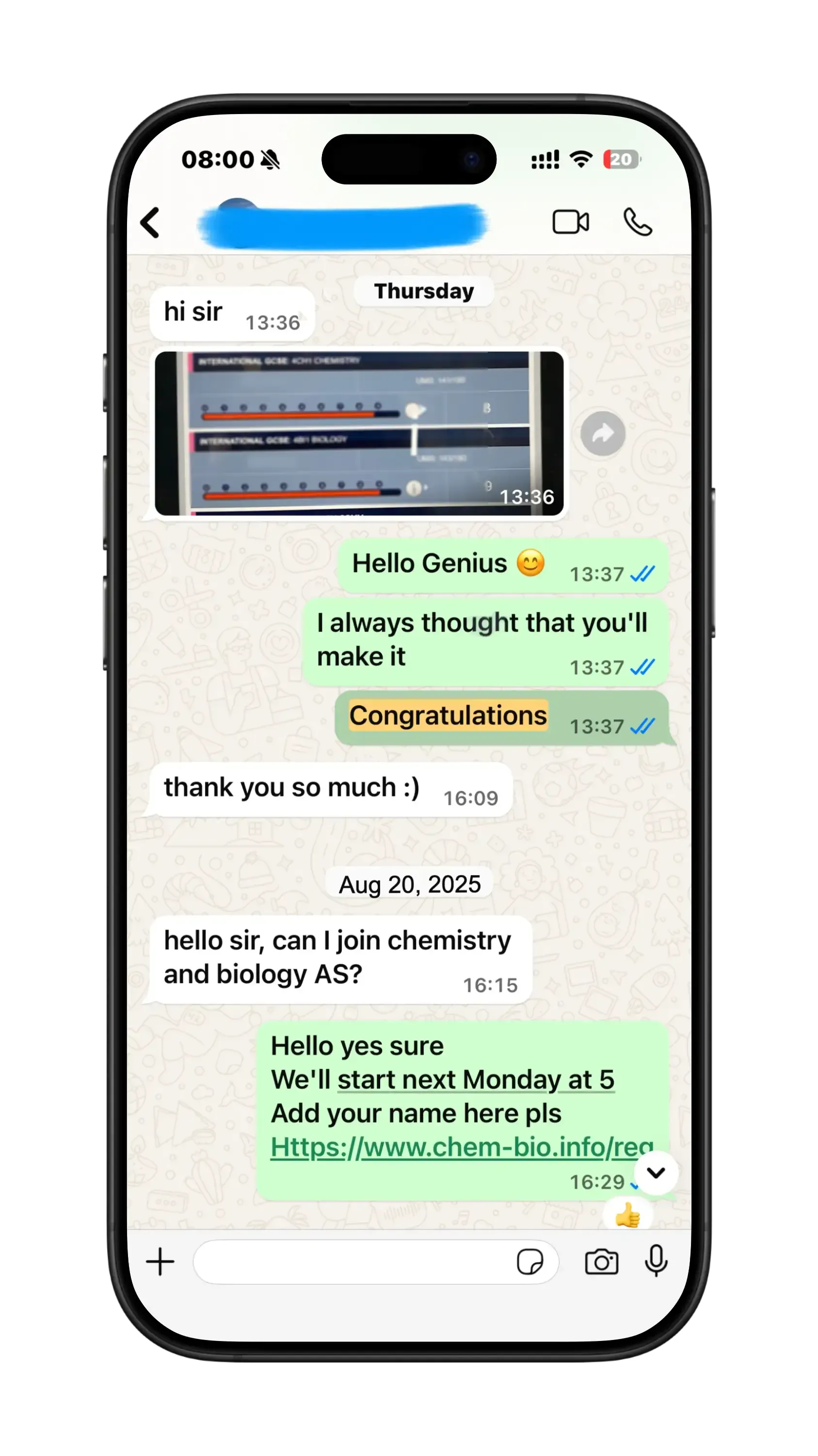 WhatsApp message from a Chem-Bio student